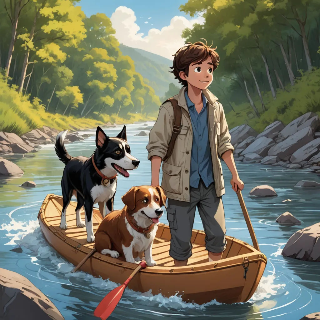 a man and two dogs are in a boat on the water with a man in a brown jacket and a dog in a red boat, american scene painting, a storybook illustration, Cliff Childs, official art