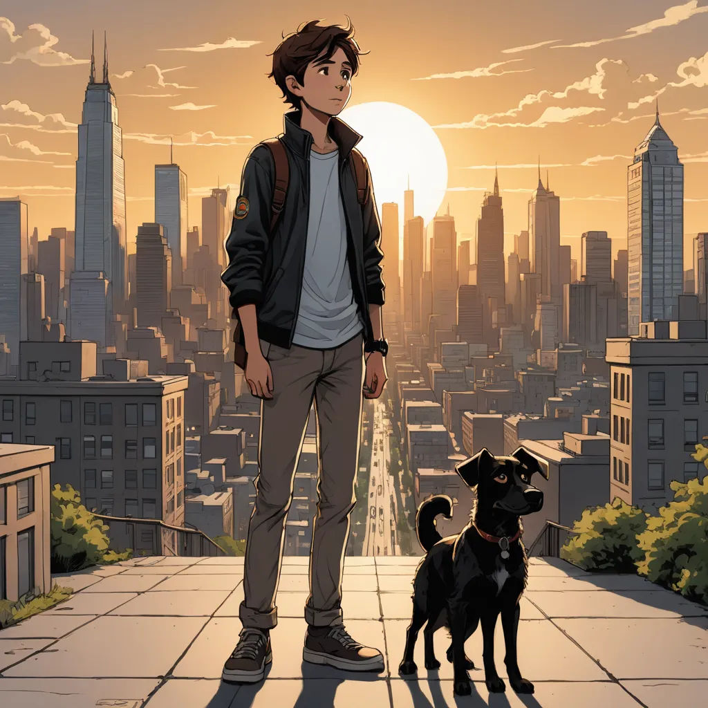 a man standing next to a dog on a city street with a sunset in the background and a city skyline, process art, a comic book panel, Asaf Hanuka, comic cover art