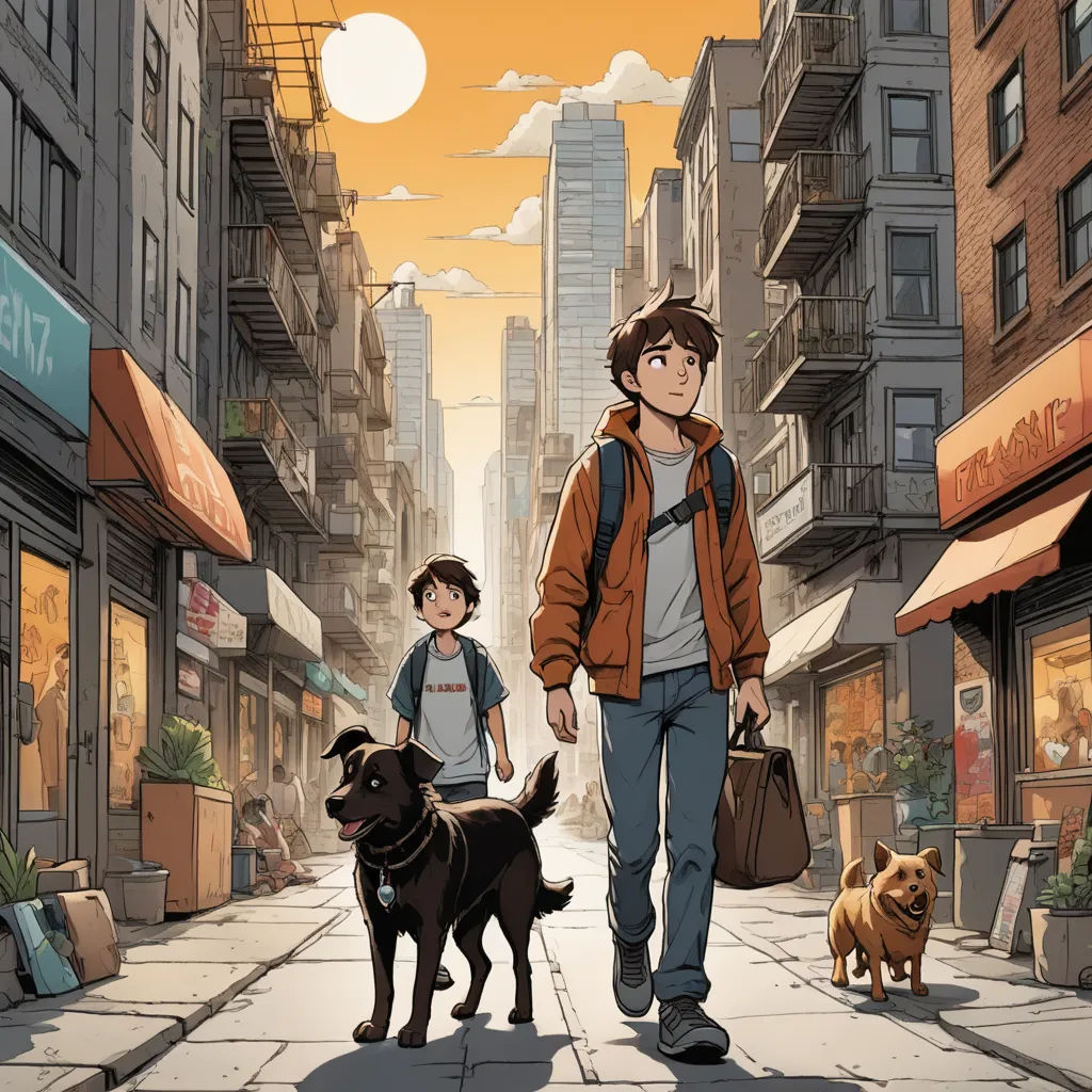 a man walking a dog down a street next to a woman and a child on a leash and a dog, furry art, a comic book panel, Asaf Hanuka, comic cover art
