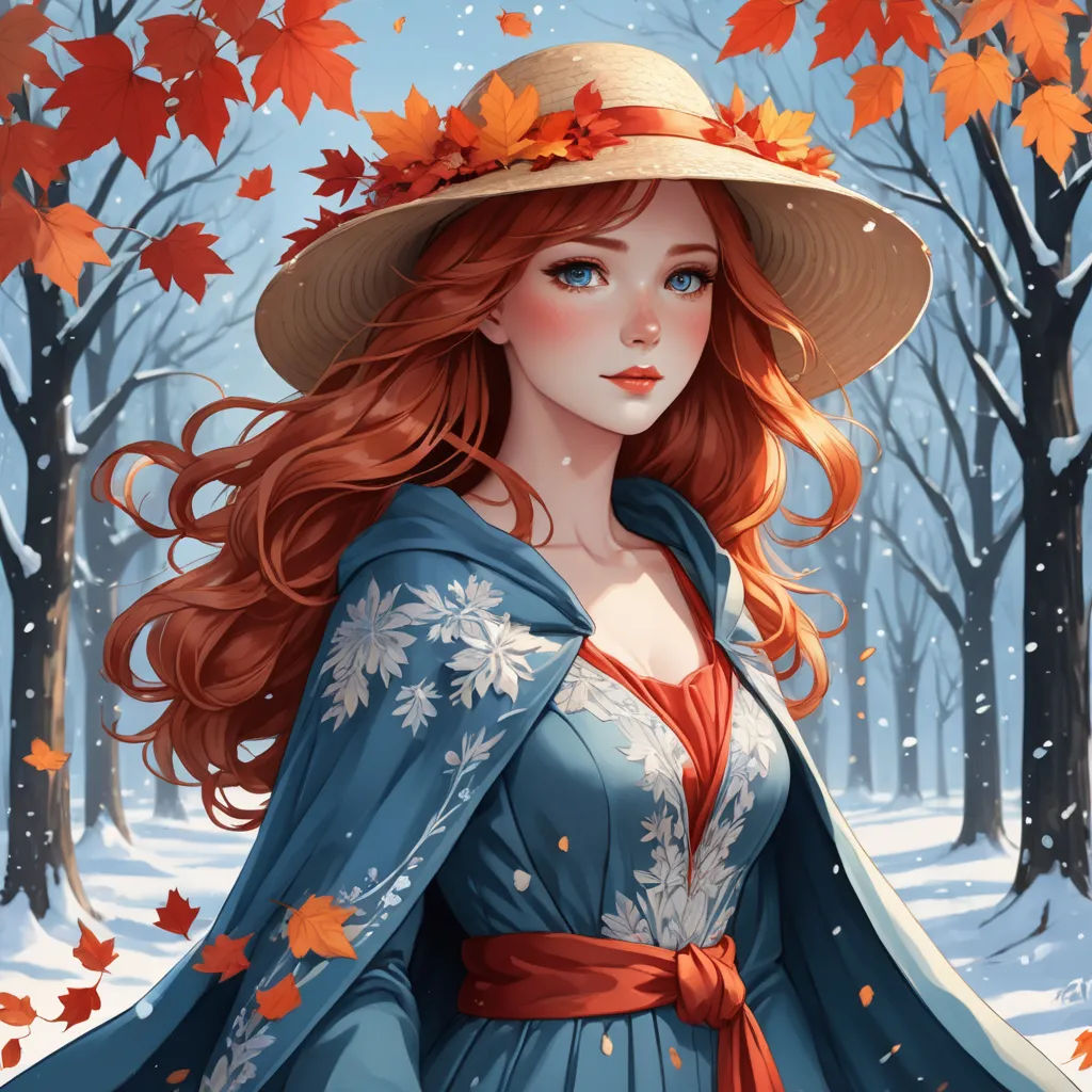 a woman in a blue dress and hat in the snow with leaves on her head and a red scarf around her neck, fantasy art, a detailed painting, Charlie Bowater, trending on art station