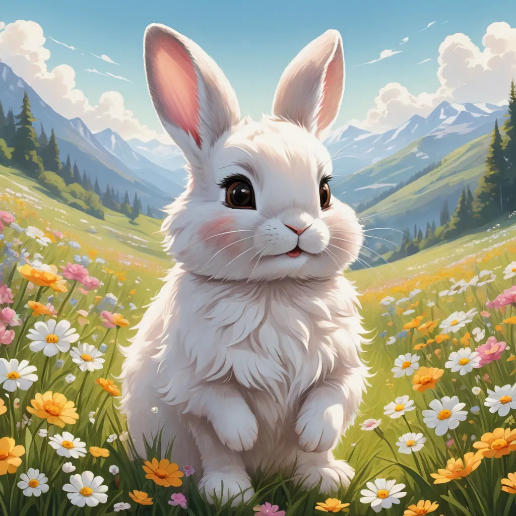 a painting of a white rabbit sitting in a field of flowers with mountains in the background and clouds in the sky, furry art, a digital painting, Chris LaBrooy, rossdraws global illumination