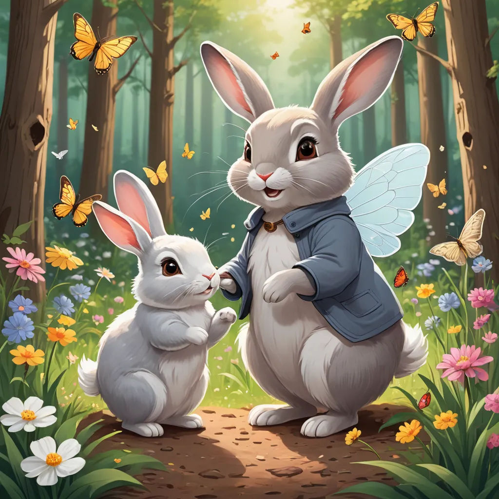 a couple of rabbits standing next to each other in a forest with butterflies flying around them and a butterfly on the ground, fantasy art, a storybook illustration, Beatrix Potter, official art