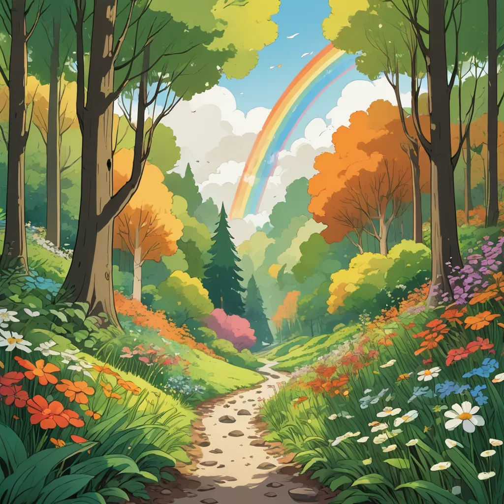 a painting of a colorful forest with a rainbow in the sky above it and a path leading to a forest with flowers and trees, fantasy art, a storybook illustration, Dan Mumford, rossdraws global illumination