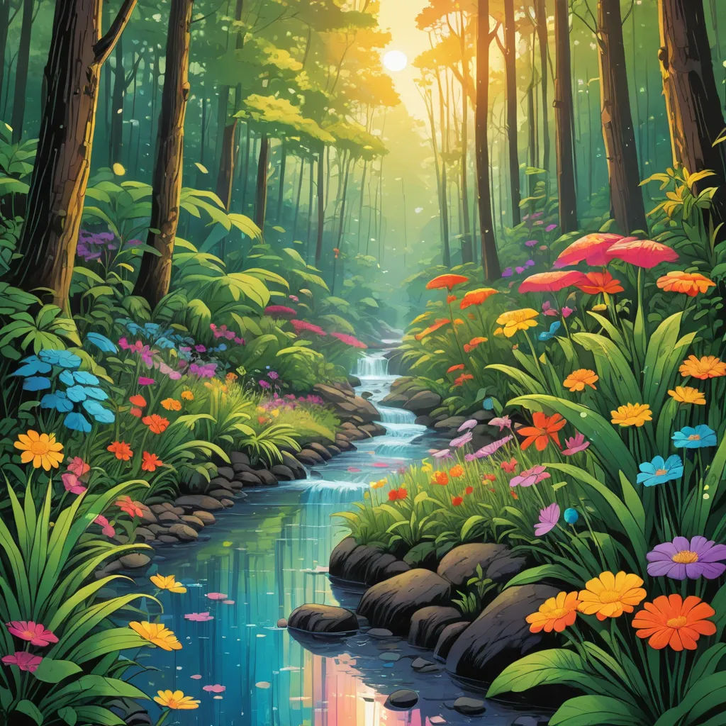 a painting of a stream in a forest with flowers and trees around it, and a stream running through the woods, fantasy art, a storybook illustration, Chris LaBrooy, kinkade