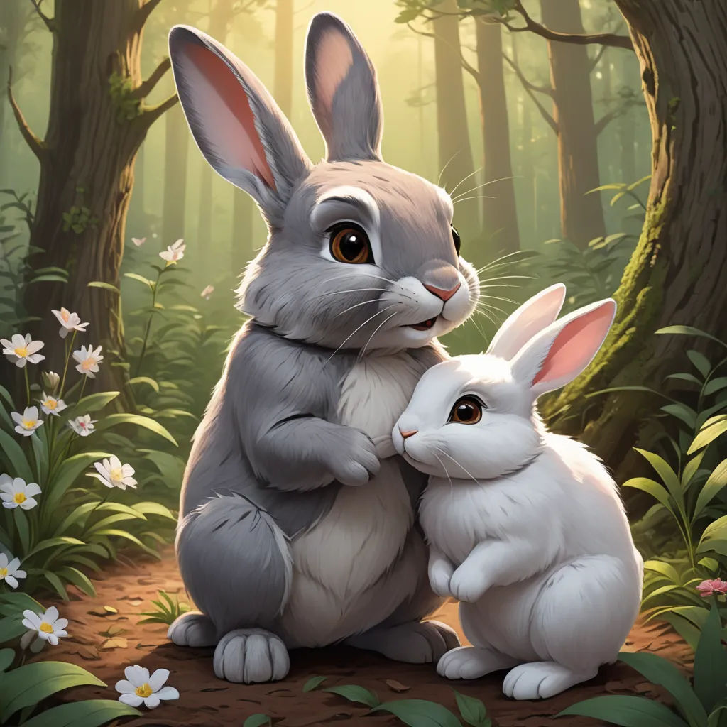 a painting of a rabbit and a bunny rabbit sitting in the woods with daisies around them, with a sunbeam in the background, furry art, a painting, Chris LaBrooy, rossdraws global illumination