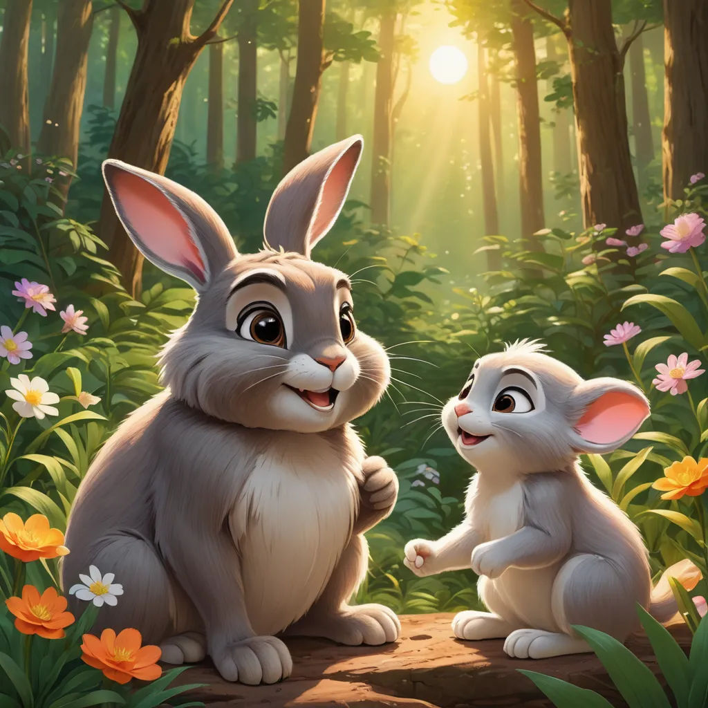 a rabbit and a bunny rabbit sitting in the woods with flowers and trees in the background, and a sun shining through the trees, furry art, a storybook illustration, Chris LaBrooy, official art