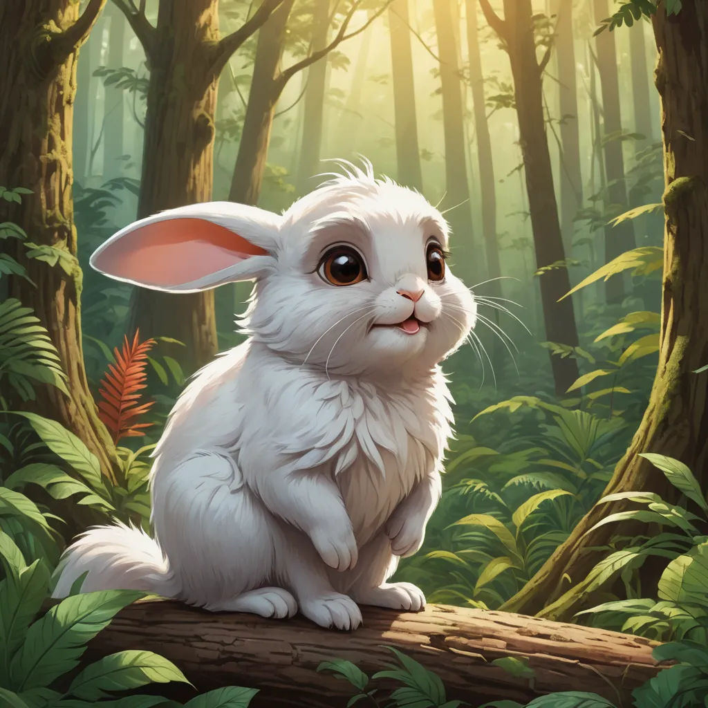 a white rabbit sitting on a log in a forest with ferns and ferns around it, looking at the camera, furry art, a digital painting, Clint Cearley, magic the gathering artwork