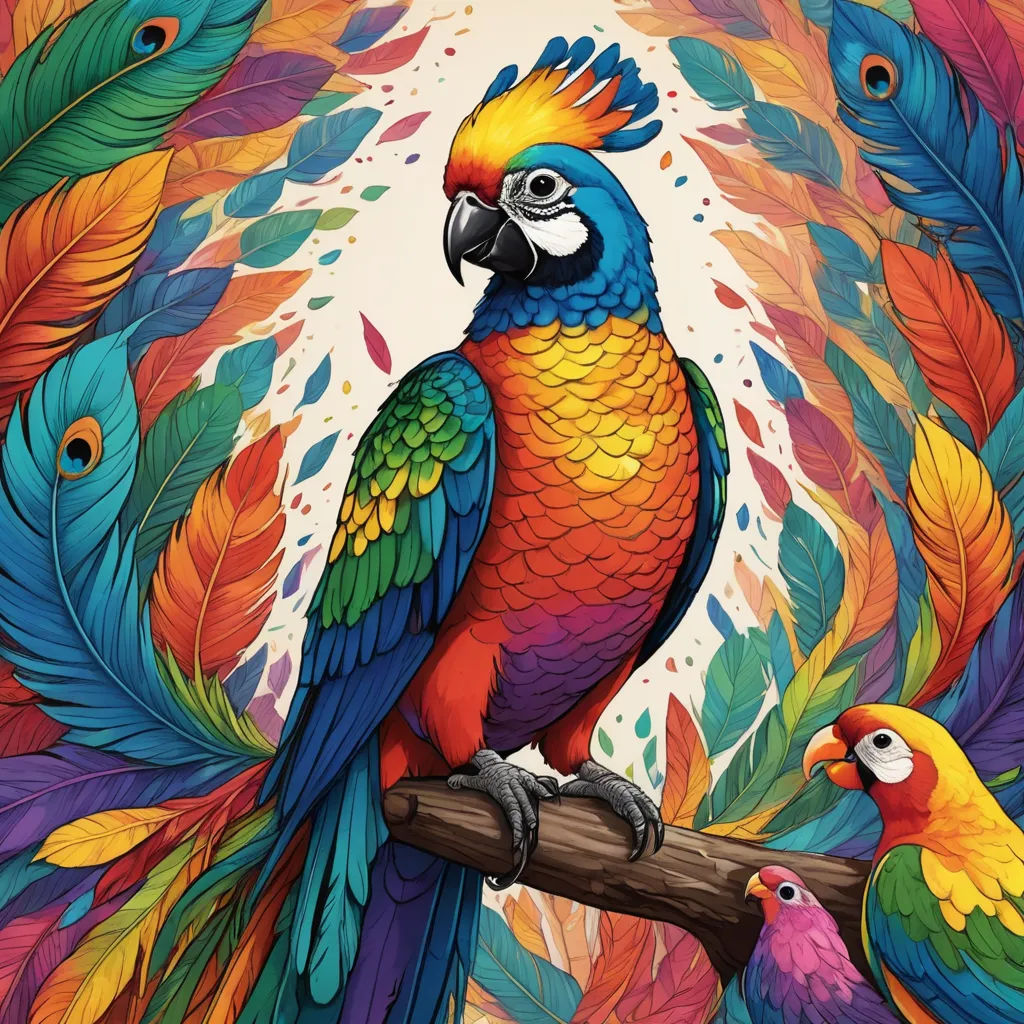 a colorful parrot sitting on a branch with another bird in the background and a colorful background behind it,, psychedelic art, a detailed painting, Chris LaBrooy, highly detailed digital painting