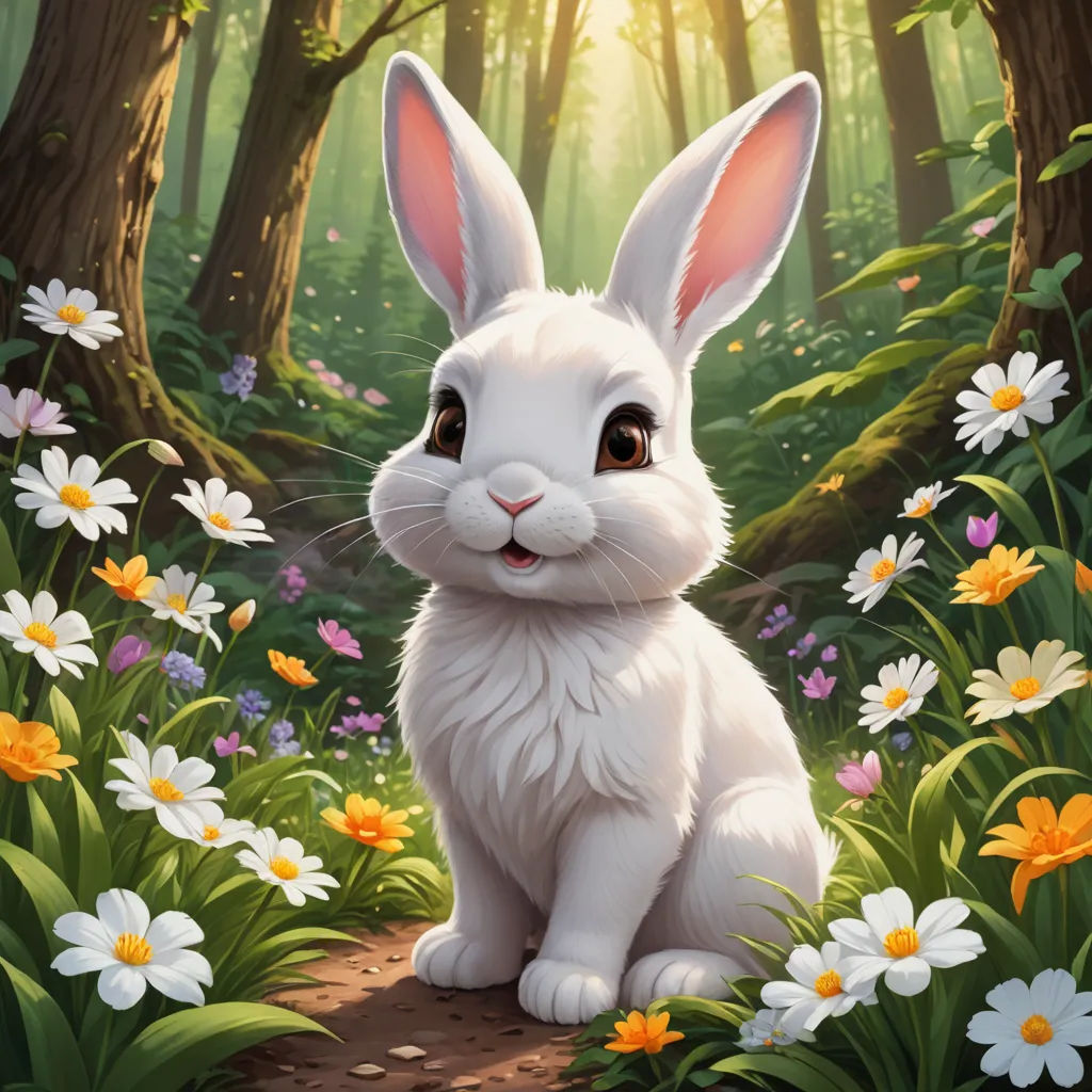 a white rabbit sitting in a forest with flowers and trees around it, with the sun shining through the trees, furry art, a character portrait, Beatrix Potter, rossdraws global illumination