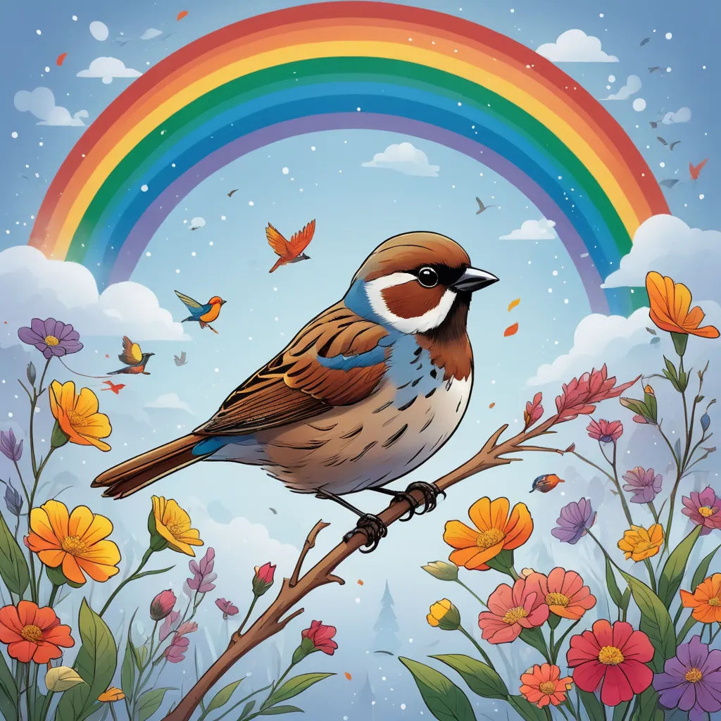 a bird sitting on a branch with a rainbow in the background and flowers in the foreground, and a bird on a branch with a rainbow in the background, fantasy art, a storybook illustration, Chris LaBrooy, birds