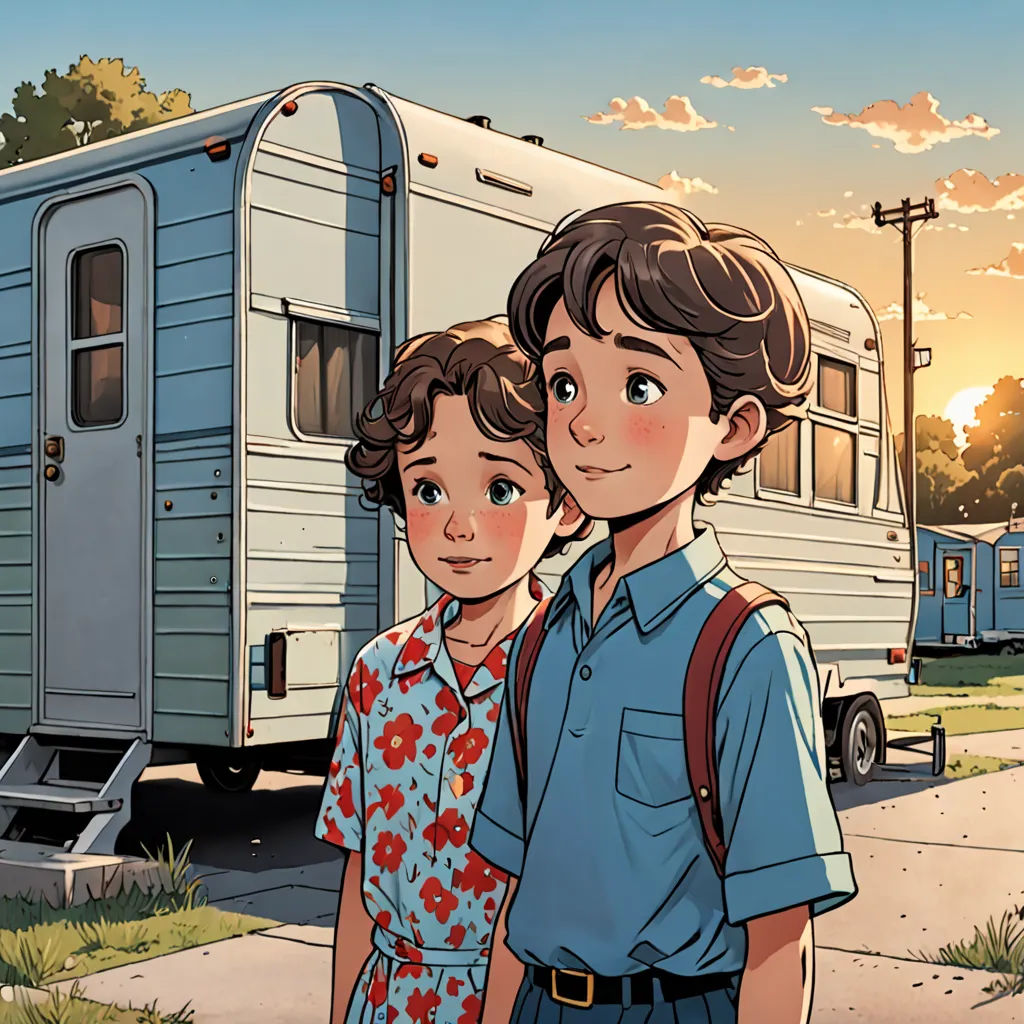 a couple of people standing next to a trailer on a street near a field and trees with a sky background, american scene painting, a comic book panel, F Scott Hess, rossdraws global illumination