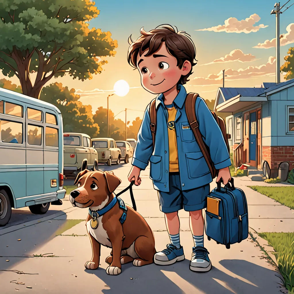 a boy with a suitcase and a dog on a leash on a sidewalk in front of a bus and a tree, american scene painting, a storybook illustration, Aaron Jasinski, official art
