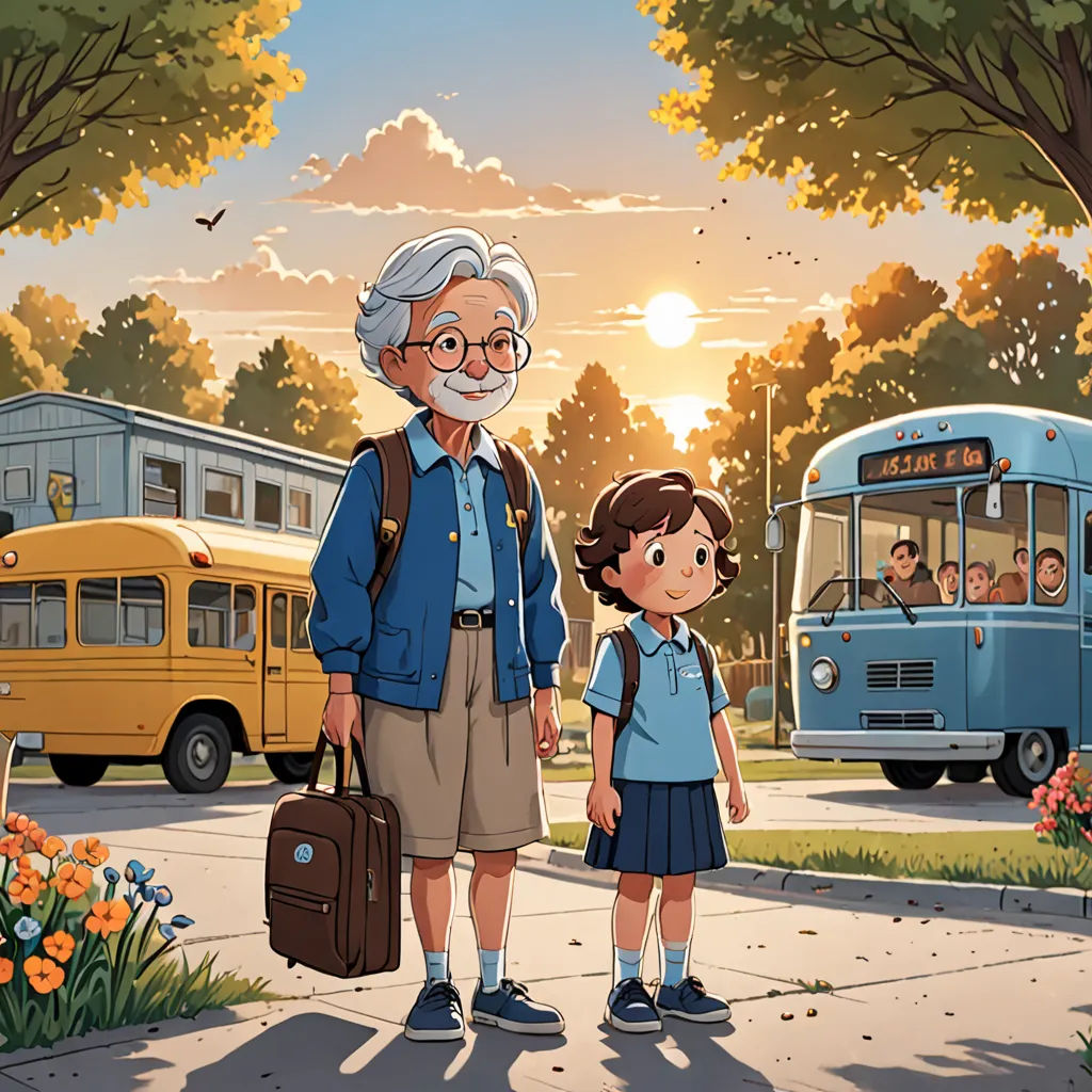 an old man and a young girl standing in front of a bus stop with a bus in the background, vancouver school, a storybook illustration, Cliff Childs, ghibli