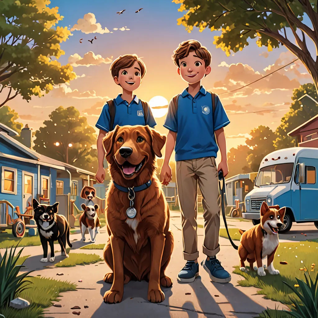 a boy and a boy with a dog on a leash are standing in front of a trailer with other dogs, american scene painting, a storybook illustration, Brothers Hildebrandt, official art