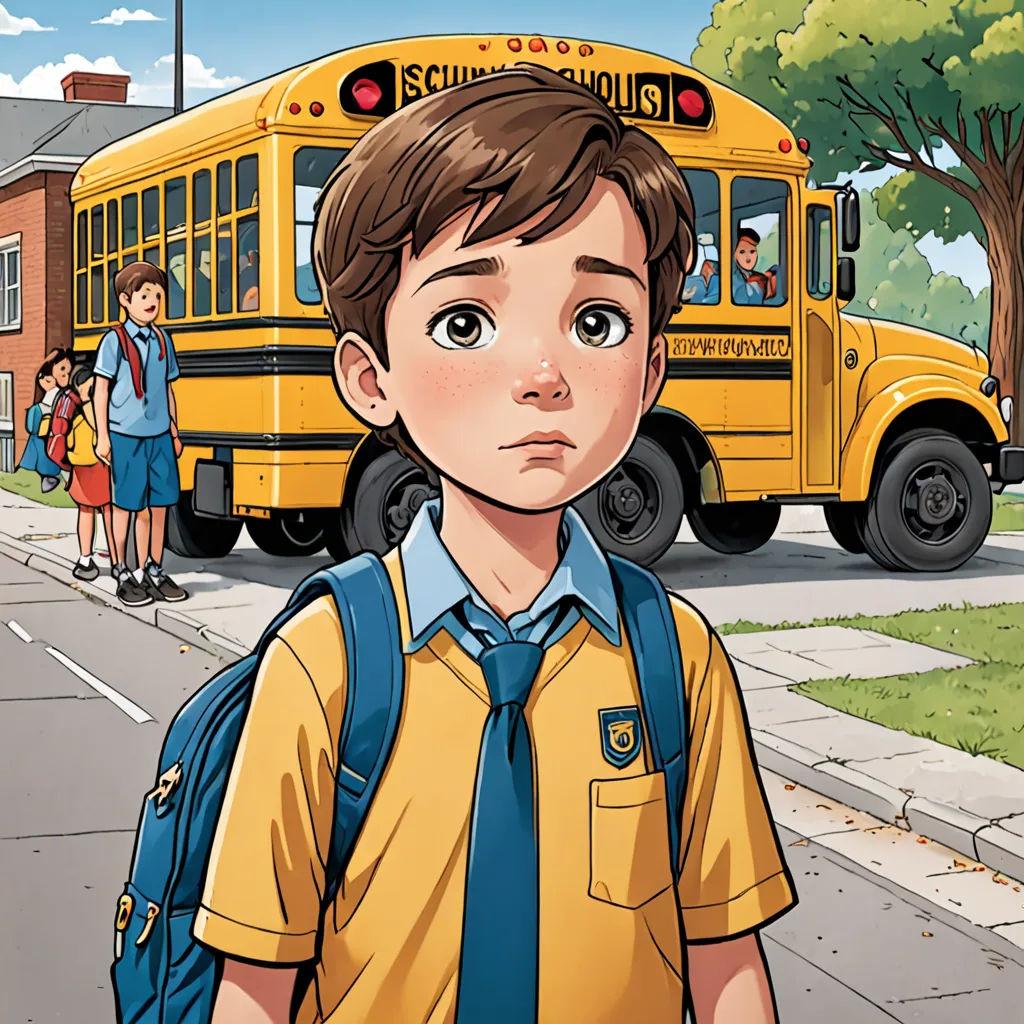a boy in a school uniform standing in front of a school bus with a backpack on his shoulder and a group of children standing in the background, photorealism, a comic book panel, Aaron Jasinski, graphic novel