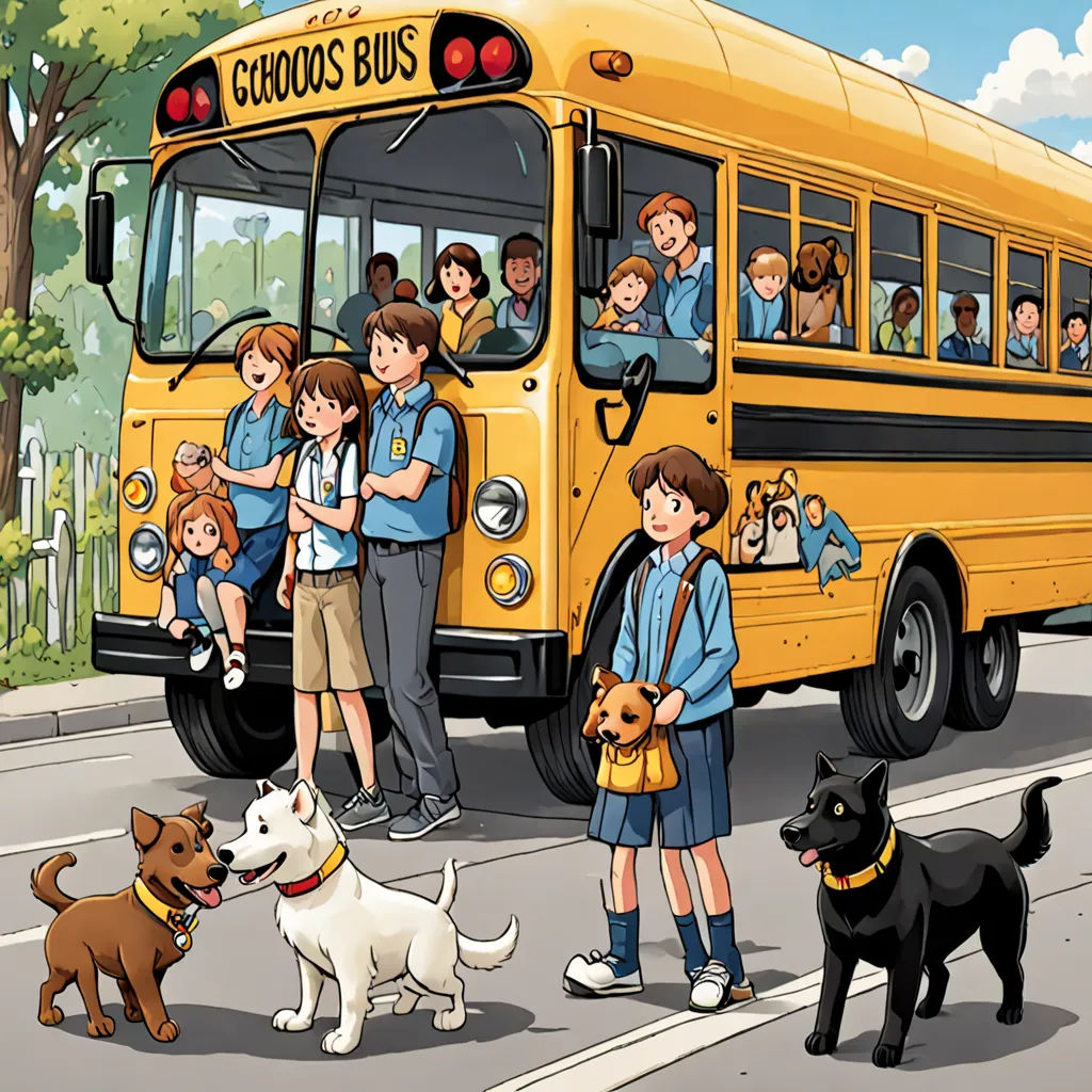 a group of children and dogs standing in front of a school bus with a school bus full of children, paris school, a storybook illustration, F Scott Hess, official art