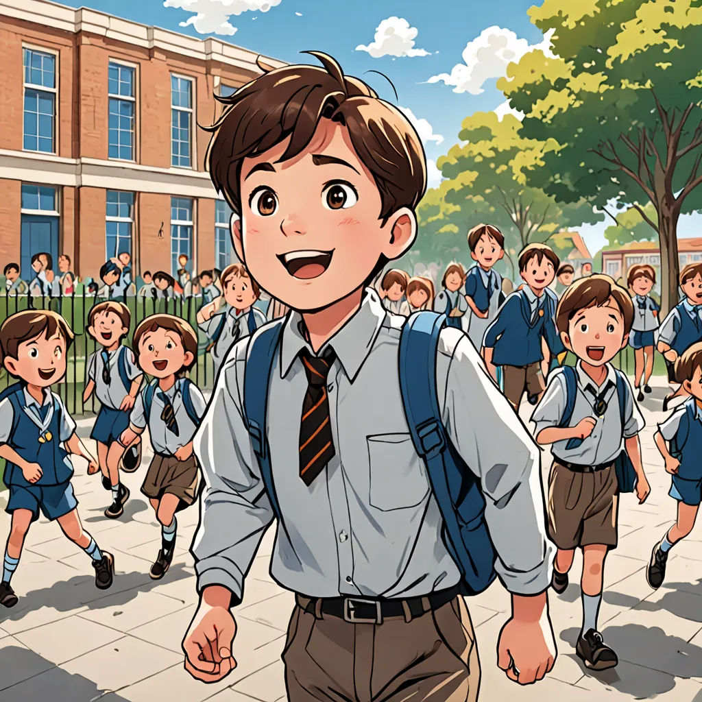 a boy in a school uniform is walking with a group of children behind him in front of him is a school, paris school, a comic book panel, Adam Manyoki, official art