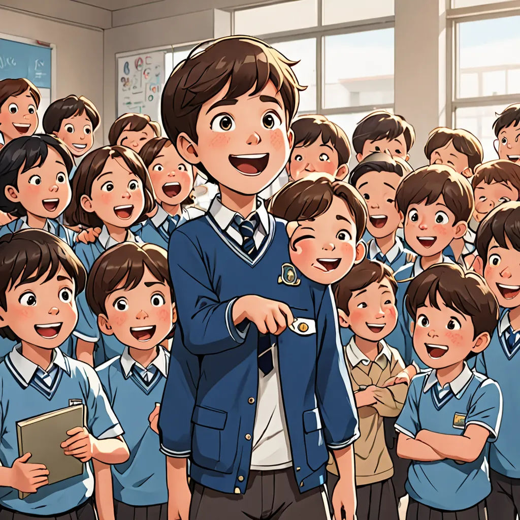 a boy in a school uniform is surrounded by a group of children and a teacher holding a clipboard, vancouver school, a storybook illustration, Adam Manyoki, official art