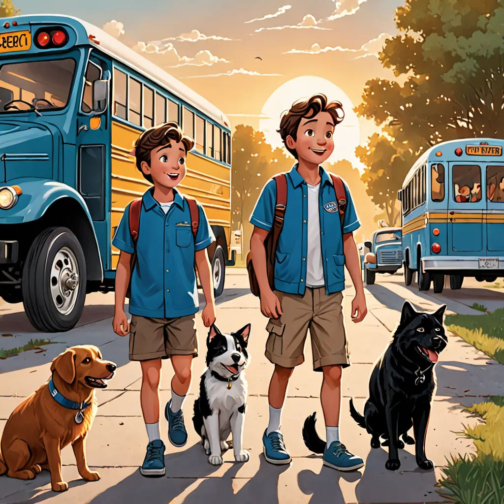 a painting of three boys and their dogs in front of a school bus and a bus stop with a dog, american scene painting, a storybook illustration, Brothers Hildebrandt, official art