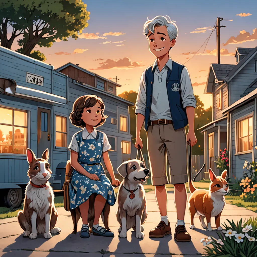 a man and woman standing next to two dogs and a dog on a leash in front of a trailer, american scene painting, a storybook illustration, F. Scott Hess, official art
