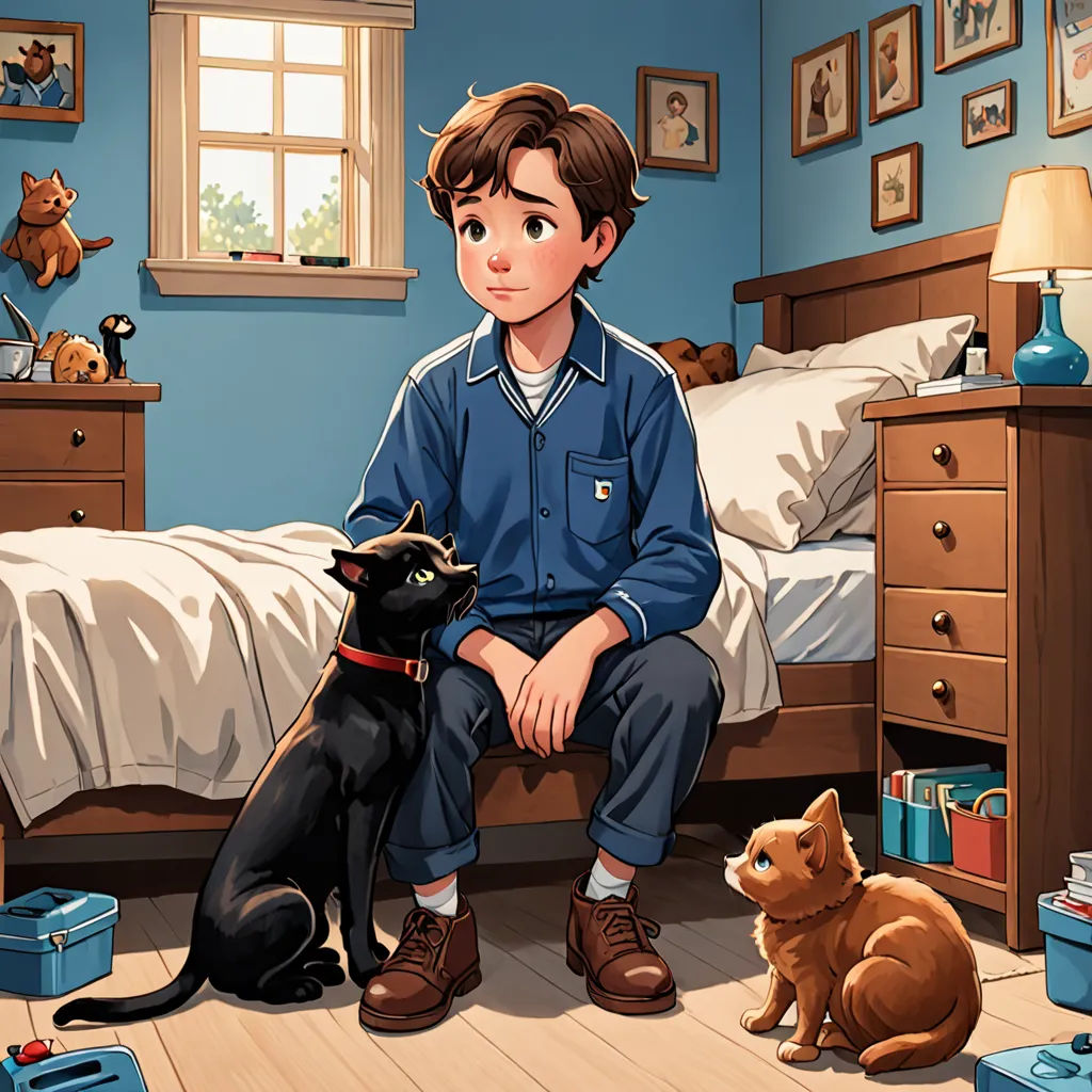 a boy sitting on a bed with two dogs and a cat in a bedroom with blue walls and a wooden floor, sots art, a storybook illustration, Aaron Jasinski, storybook illustration