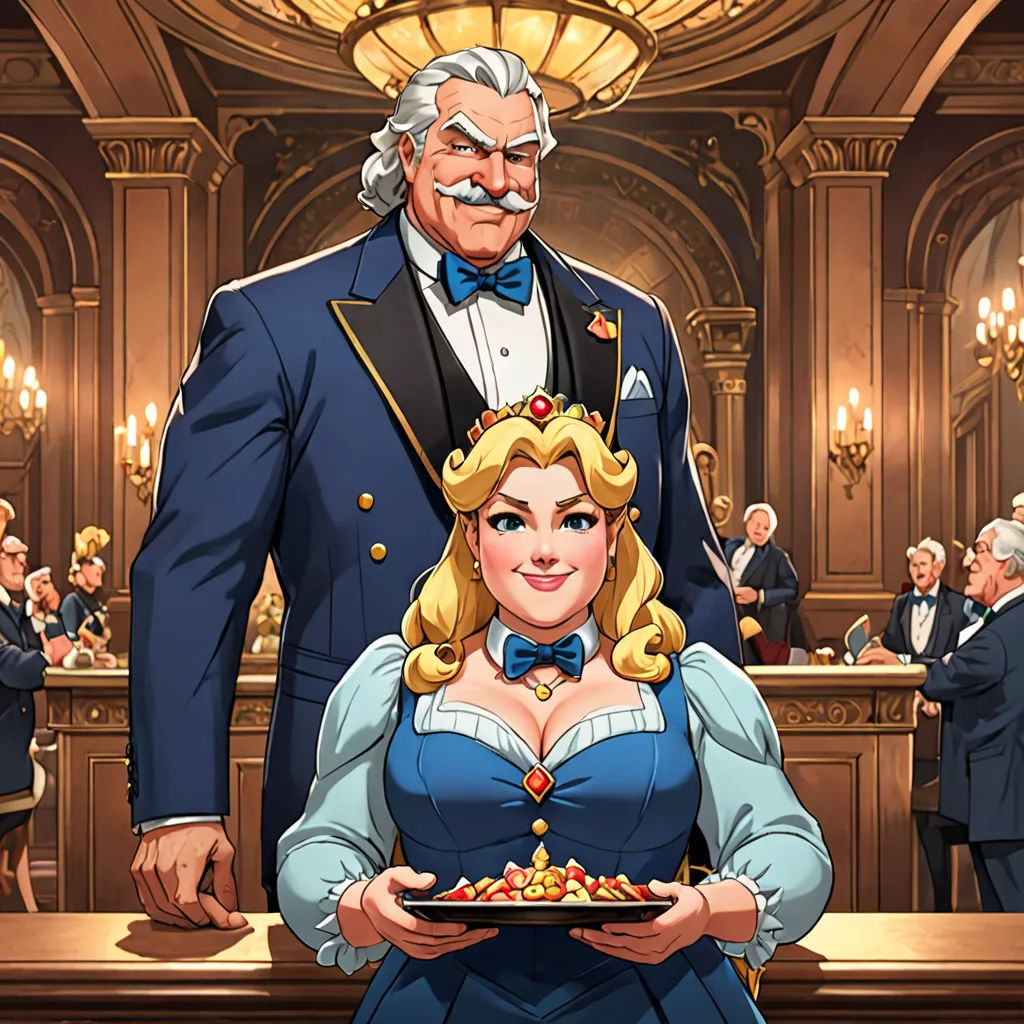 a man and woman in a restaurant holding a plate of food in front of them, while a man in a suit stands behind them, rococo, a storybook illustration, Bourgeois, official art