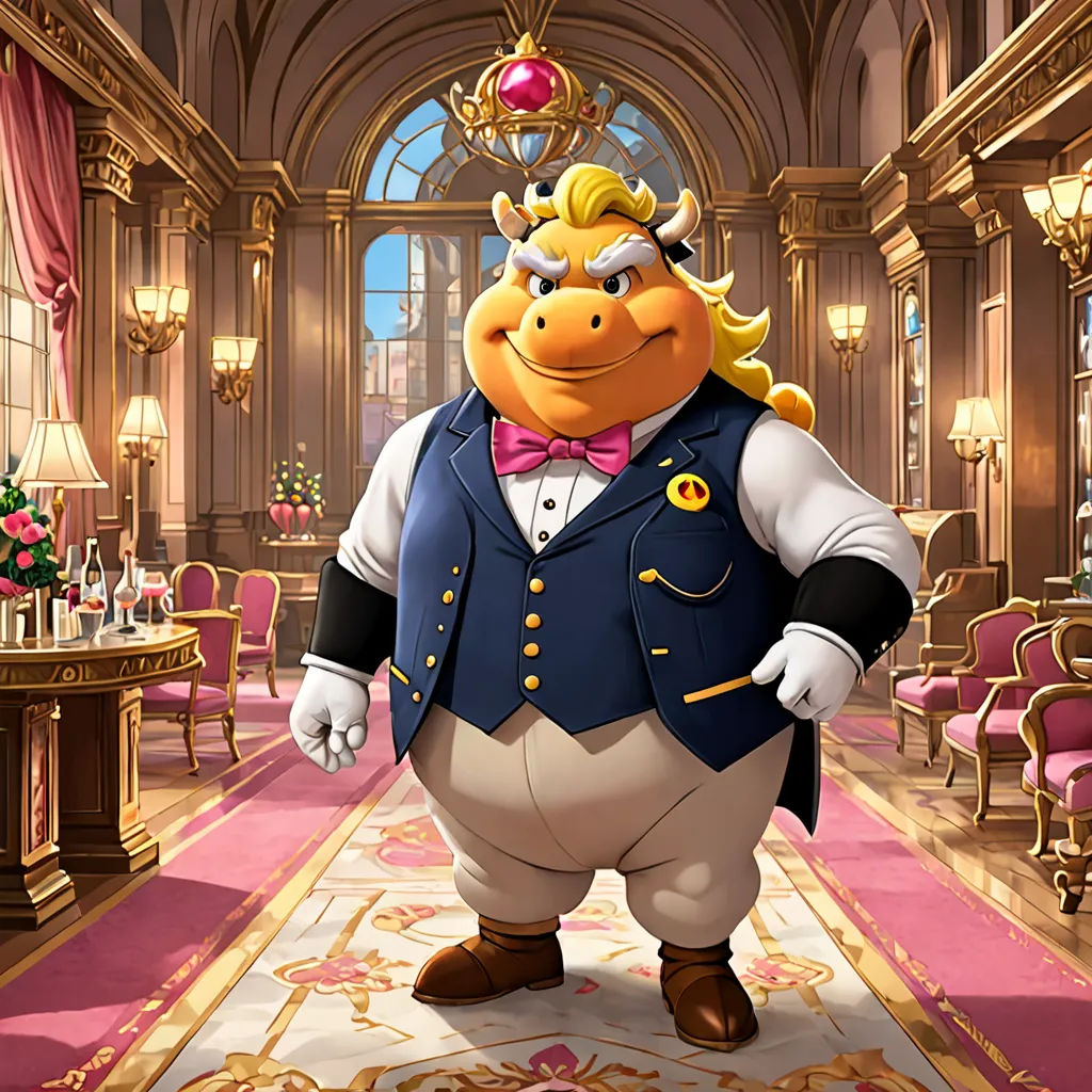 a cartoon character standing in a fancy room with a pink carpet and pink chairs and a chandelier, rococo, a digital rendering, Chris LaBrooy, official art
