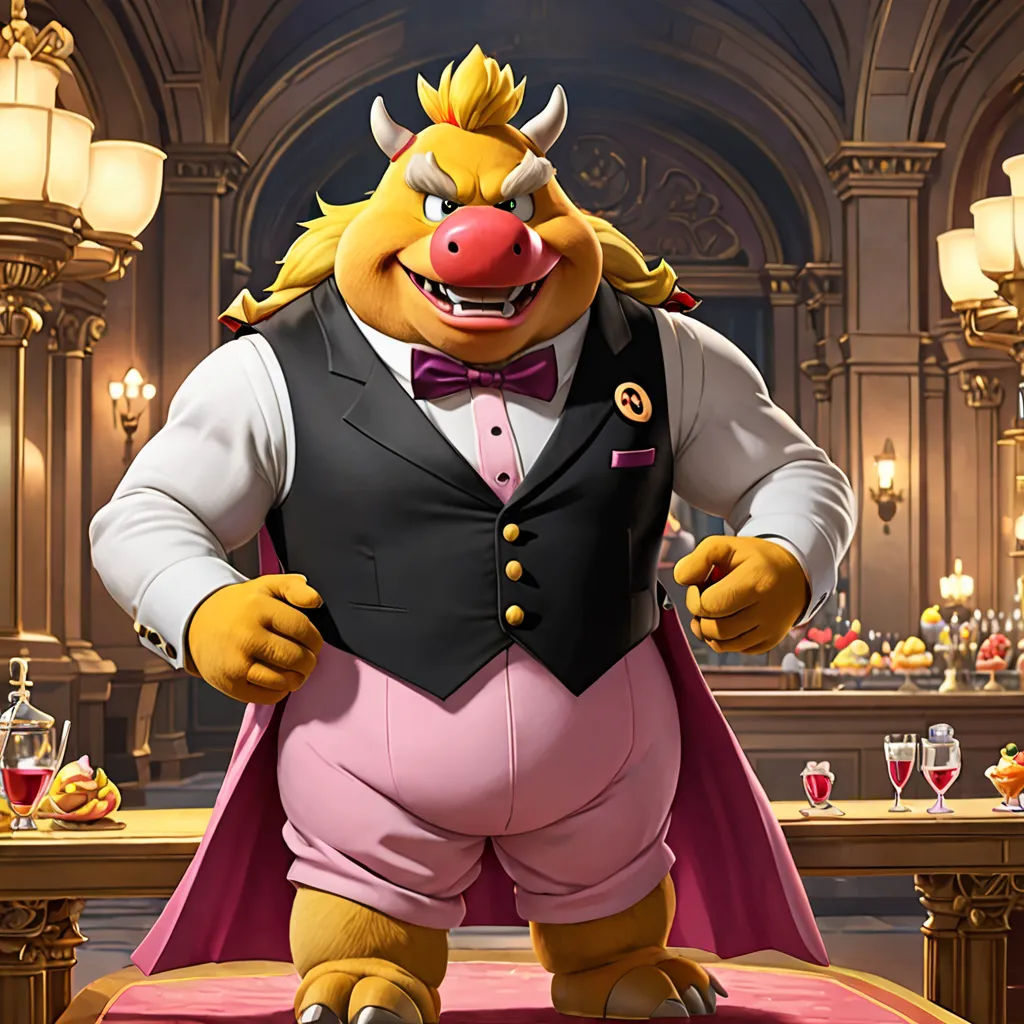 a cartoon character dressed in a suit and tie standing on a table with a pink tablecloth and a chandelier, sots art, concept art, Chris LaBrooy, unreal engine 5 quality render