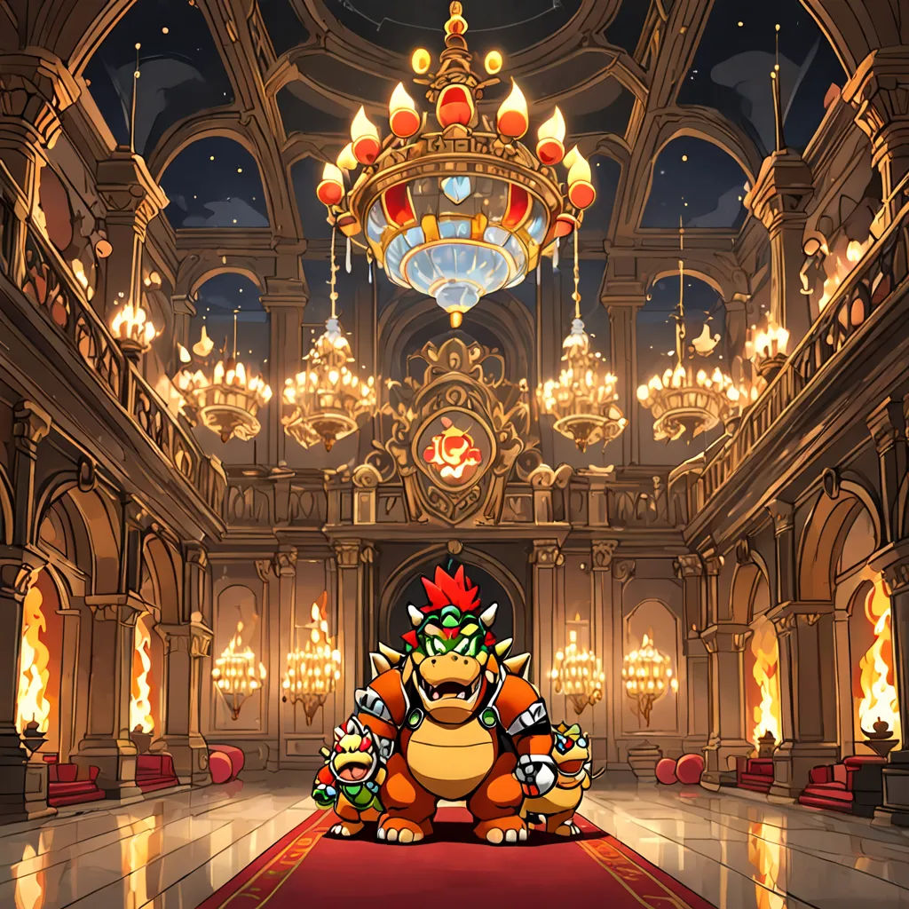 a cartoon of a large hall with chandeliers and a large carpet with a cartoon character on it, sots art, concept art, Bourgeois, official art