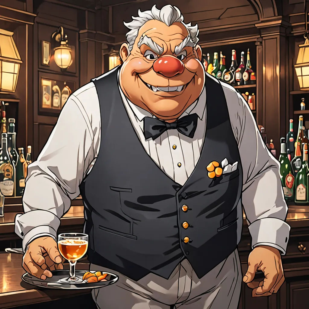 a cartoon character holding a plate of food and a drink in a bar with liquor bottles behind him and a man in a vest, classical realism, a character portrait, Edmond Xavier Kapp, official art