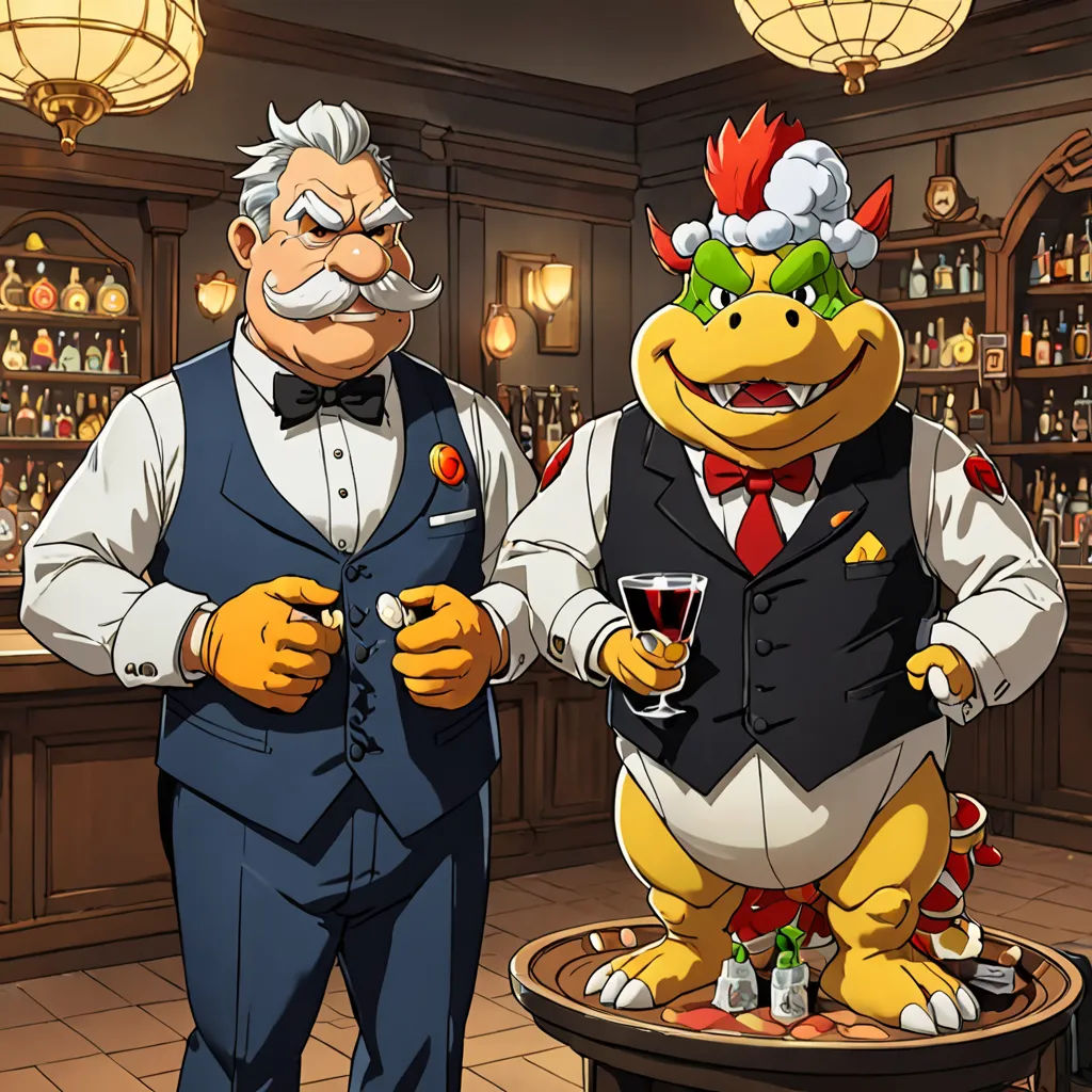 a cartoon character standing next to a man in a suit and tie holding a glass of wine in front of a bar, sots art, concept art, Bourgeois, official art