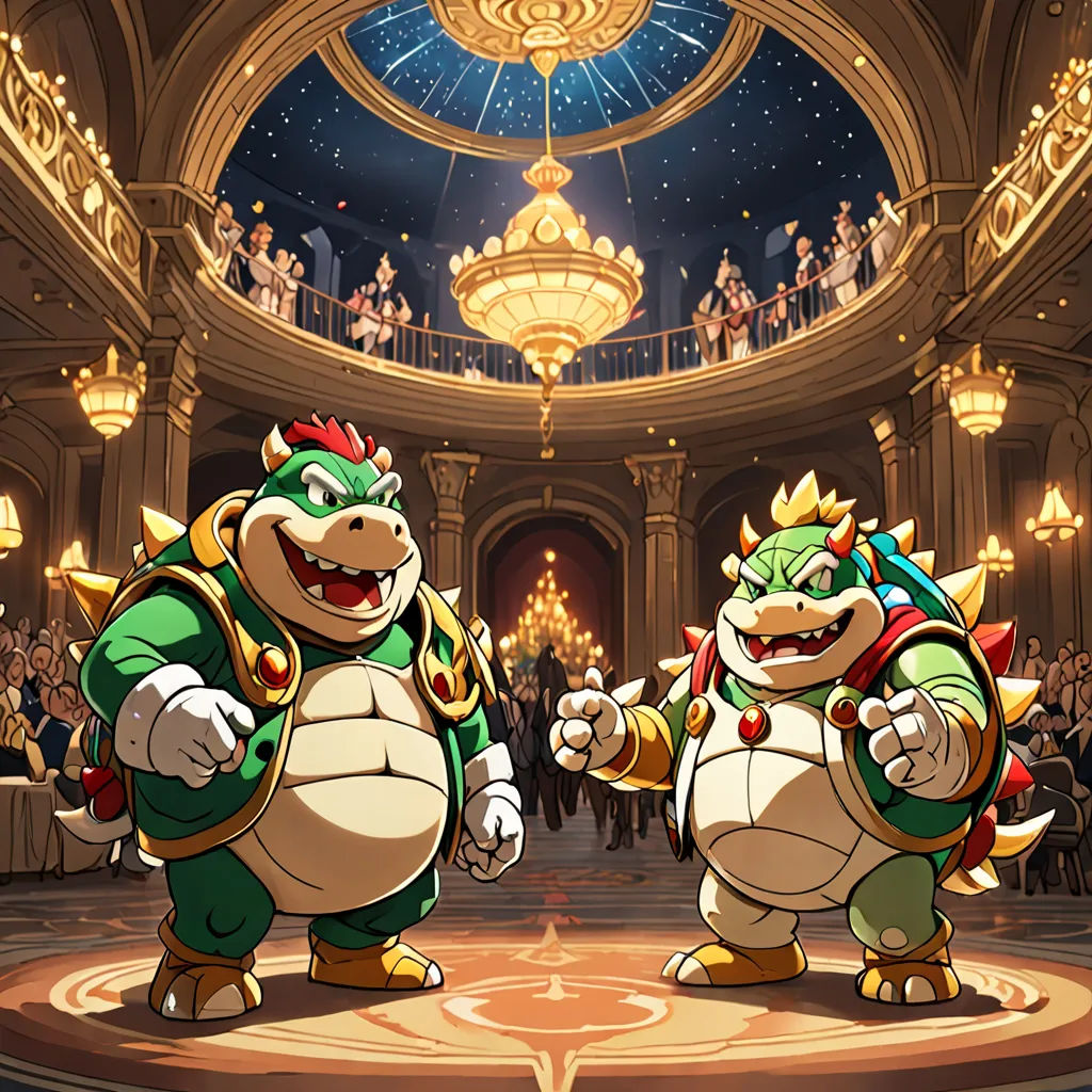 two cartoon characters standing in a large room with a crowd of people in the background and a stage with a ceiling full of lights, sots art, concept art, Bourgeois, official art