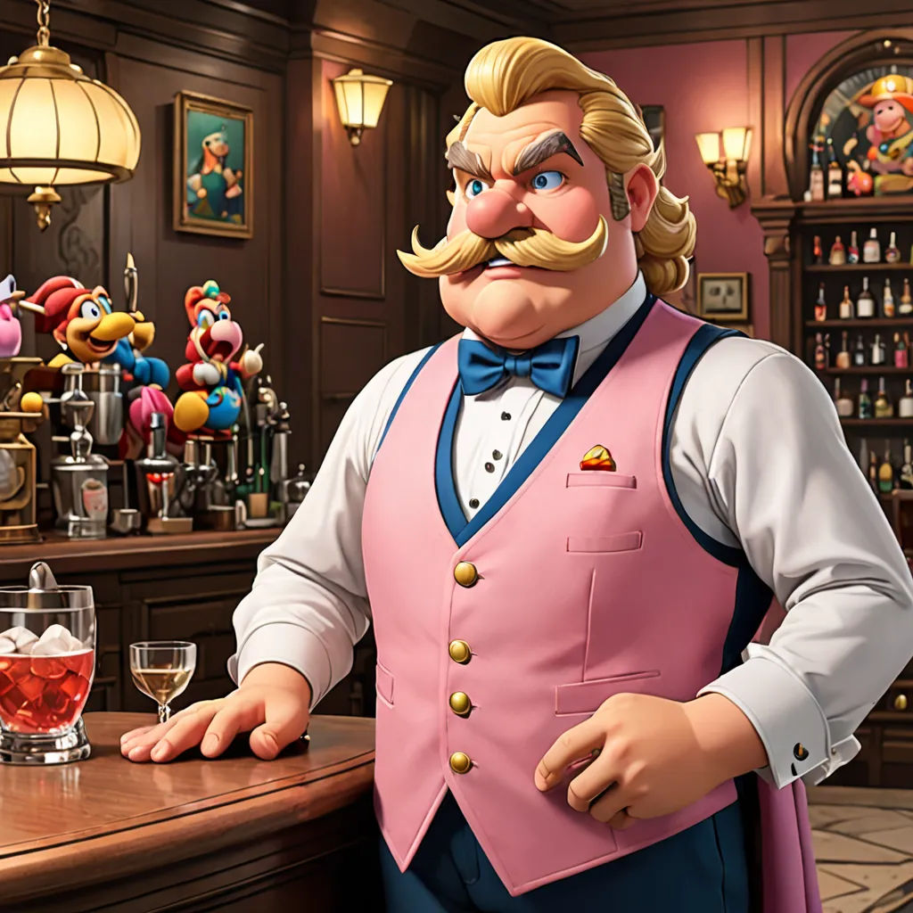 a cartoon character standing at a bar with a glass of wine in front of him and a bar with a lot of liquor, sots art, a character portrait, Chris LaBrooy, arnold render
