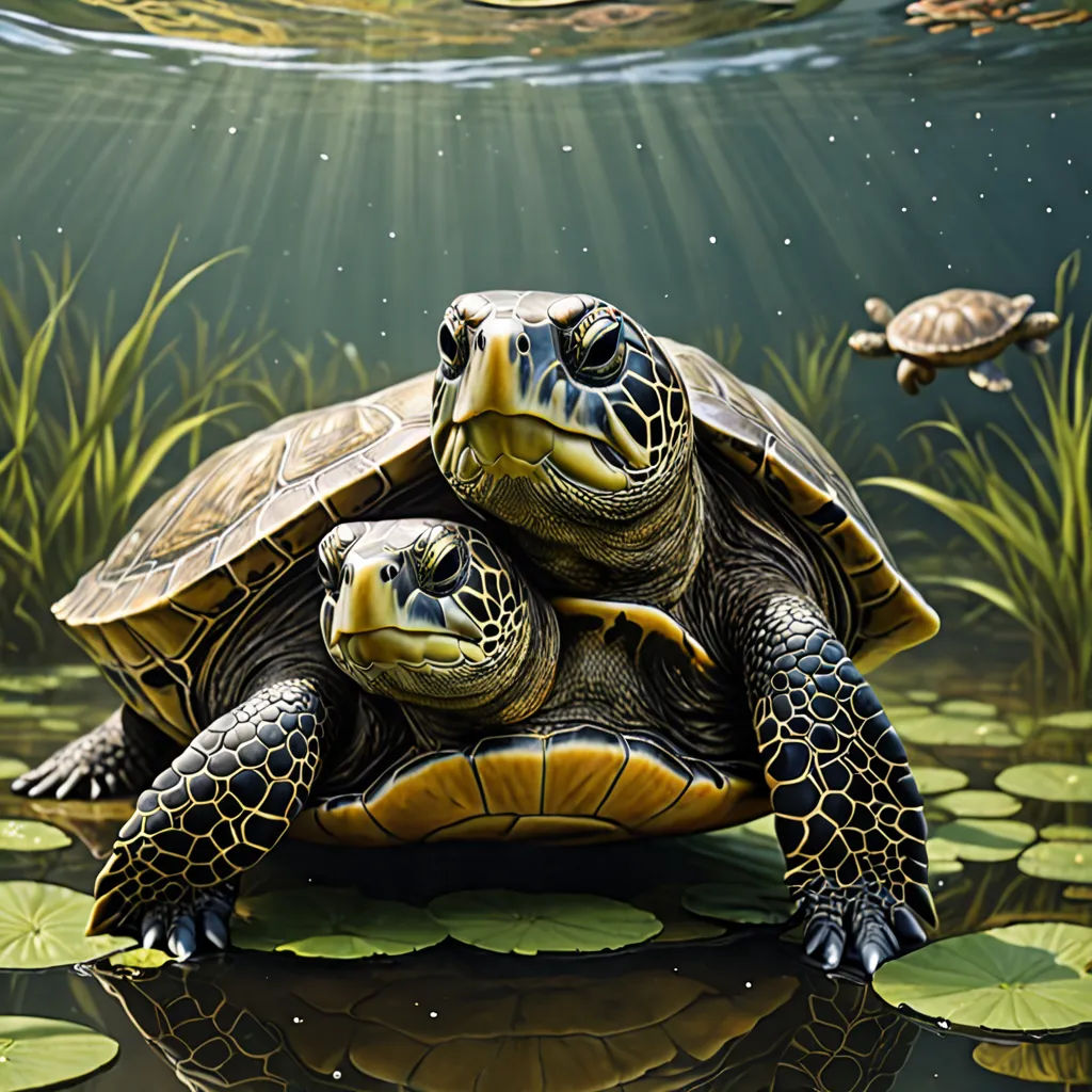 two turtles are sitting on a lily pad in the water with lily pads around them and a sunbeam in the background, photorealism, a photorealistic painting, Chris LaBrooy, highly detailed digital painting