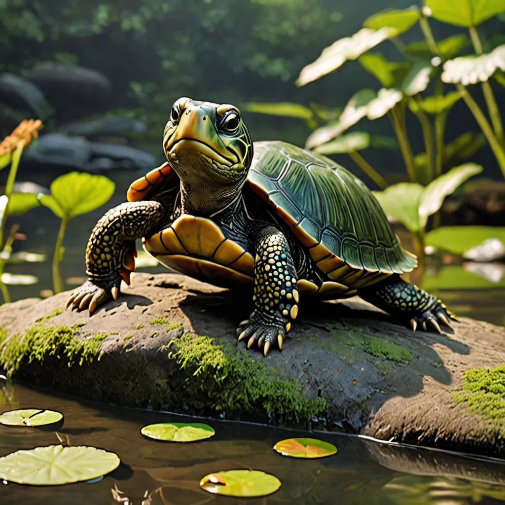 a turtle sitting on a rock in a pond of water with lily pads around it and a leafy green plant in the background, photorealism, a 3D render, Chris LaBrooy, ultra realistic digital art