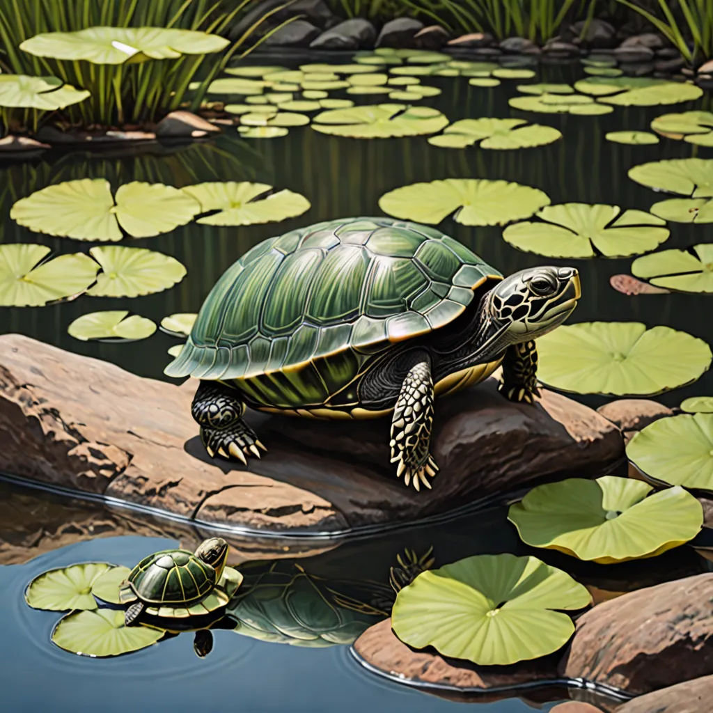 a turtle sitting on a rock in a pond with lily pads and water lillies around it, with a pond of water lillies in the background, photorealism, an ultrafine detailed painting, Donato Giancola, highly detailed digital painting