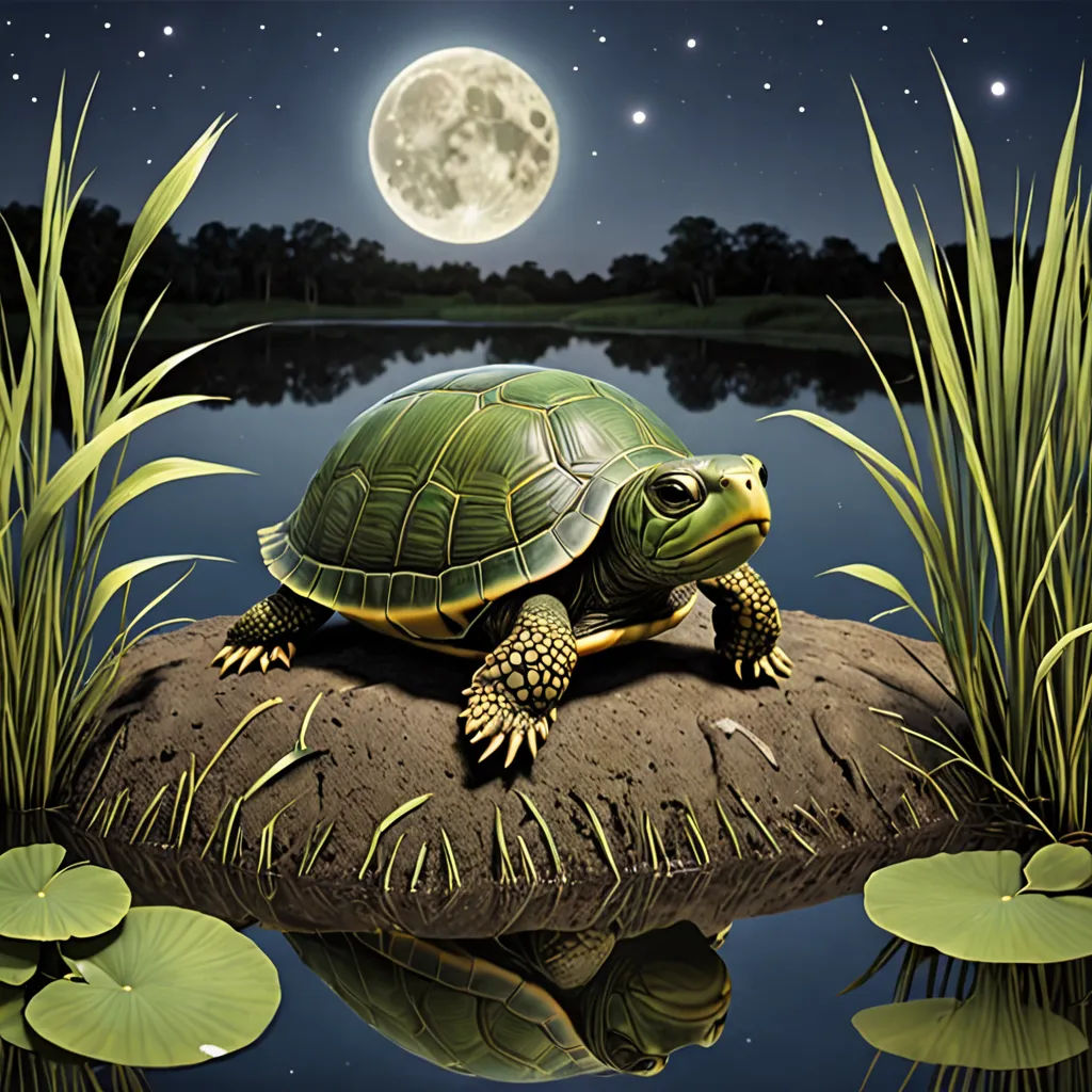 a turtle sitting on a rock in the water with lily pads around it and a full moon in the background, fantasy art, a detailed matte painting, Chris LaBrooy, highly detailed digital painting