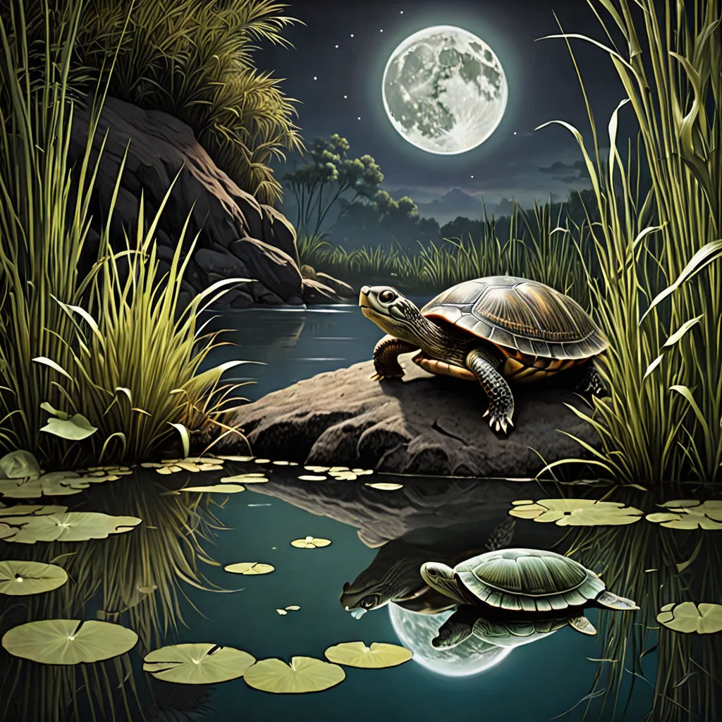 a painting of a turtle on a rock in the water with lily pads and a full moon in the background, fantasy art, a storybook illustration, David A Hardy, highly detailed digital painting