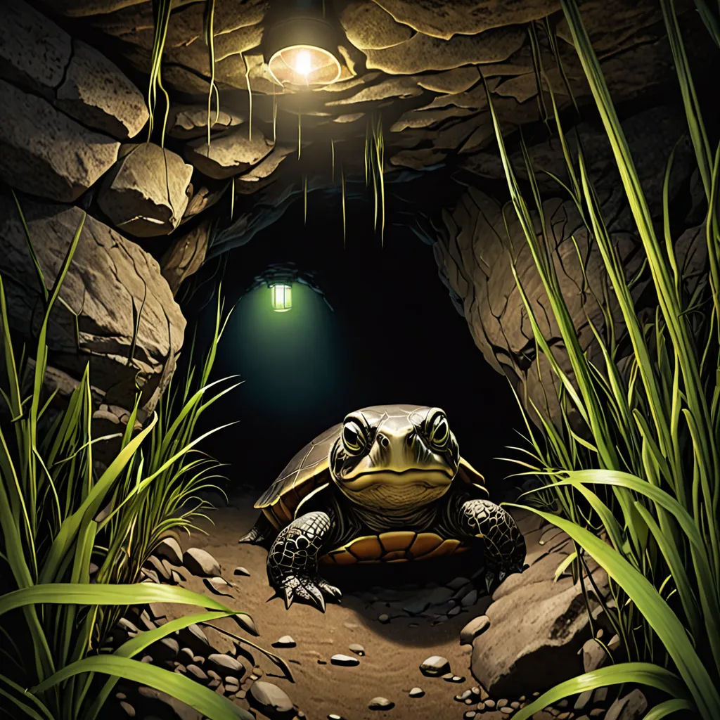 a turtle is sitting in the middle of a cave with a light on it's head and grass growing around it, fantasy art, a storybook illustration, Dan Mumford, storybook illustration