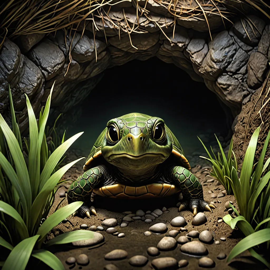 a frog sitting in the middle of a cave with rocks and plants around it and a rock tunnel behind it, photorealism, a photorealistic painting, Chris LaBrooy, highly detailed digital painting