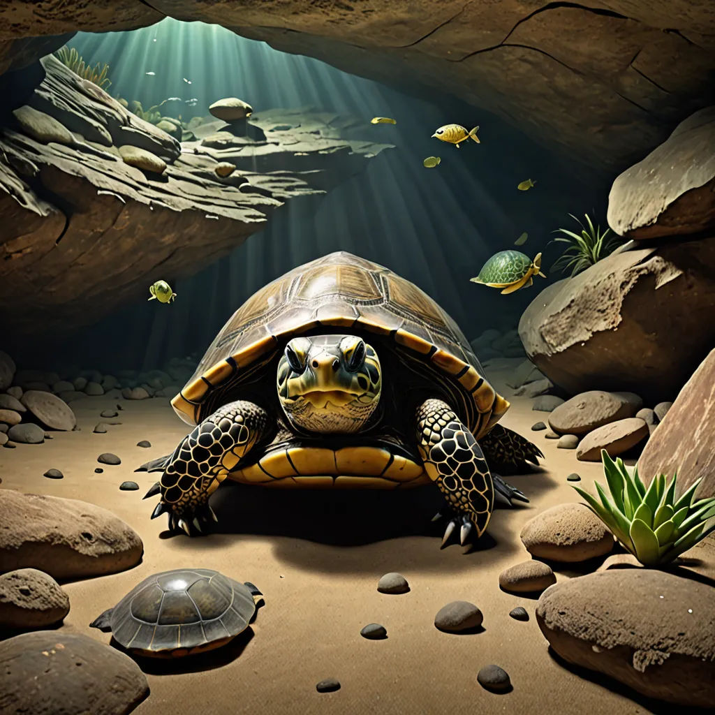 a turtle is sitting on a rock in a cave with fish and plants around it and a light shining on the turtle, photorealism, a detailed matte painting, Chris LaBrooy, highly detailed digital painting