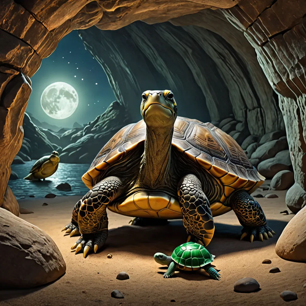 a turtle and a turtle sitting in a cave under a full moon light with a full moon in the background, fantasy art, a detailed matte painting, Chris LaBrooy, highly detailed digital painting