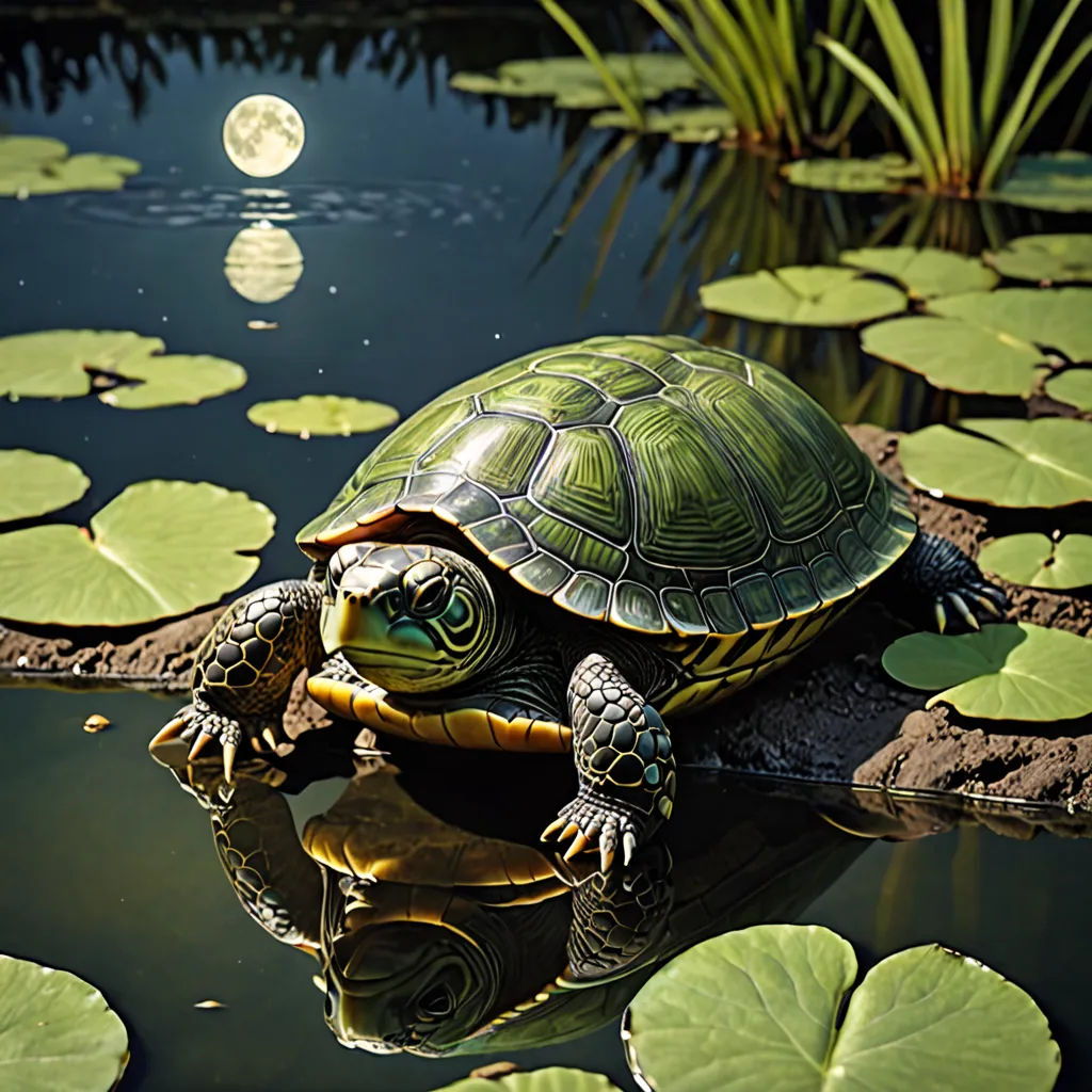 a turtle sitting on a rock in a pond with lily pads and a full moon in the background,, photorealism, a photorealistic painting, Chris LaBrooy, highly detailed digital painting