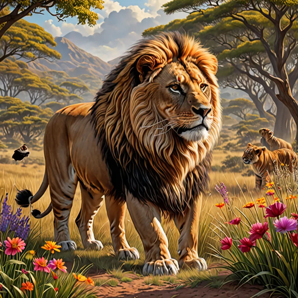 a painting of a lion and a lioness in a field of flowers and trees with mountains in the background, fantasy art, an airbrush painting, Chris LaBrooy, highly detailed digital painting