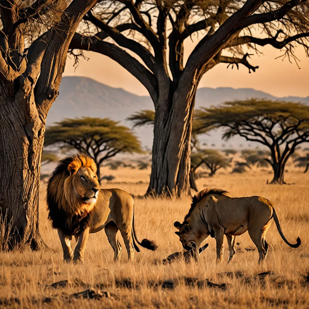 a couple of lions standing next to a tree on a field of grass with a mountain in the background, naturalism, a jigsaw puzzle, Art Brenner, wildlife photography