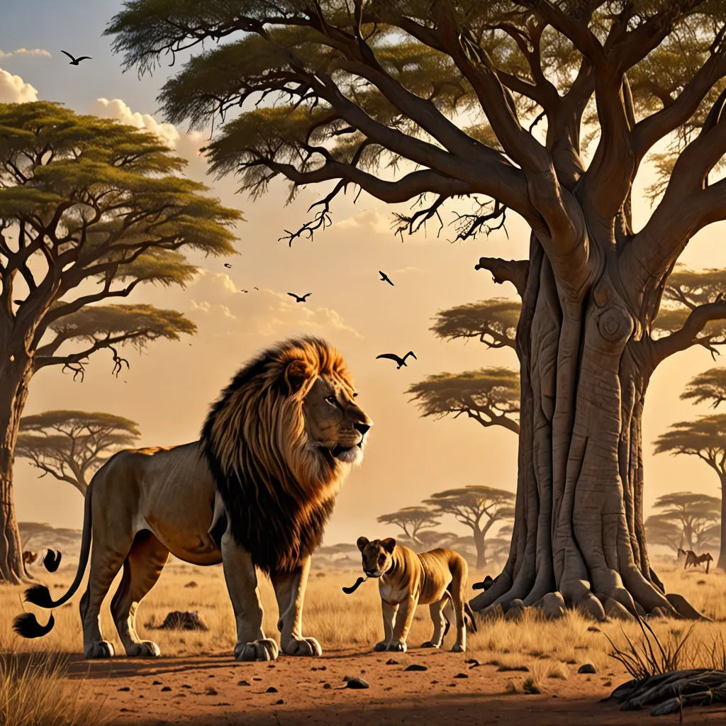a lion and two cubs stand in front of a tree with birds flying around it in the background, while a sunset is seen in the background, fantasy art, a detailed matte painting, Chris LaBrooy, highly detailed digital painting