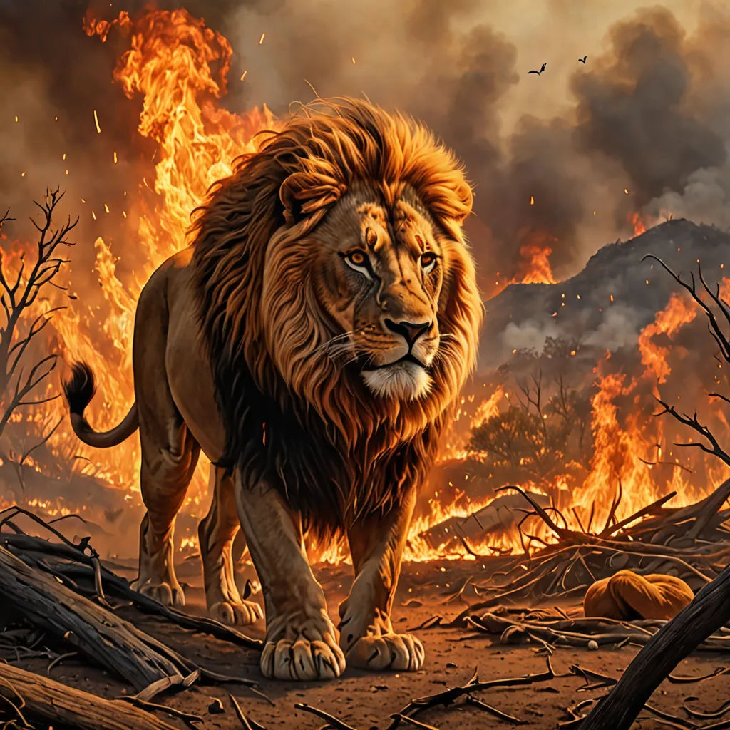 a lion walking through a forest filled with fire and smoke covered hills in the background, with a bird flying overhead, fantasy art, concept art, Chris LaBrooy, highly detailed digital painting