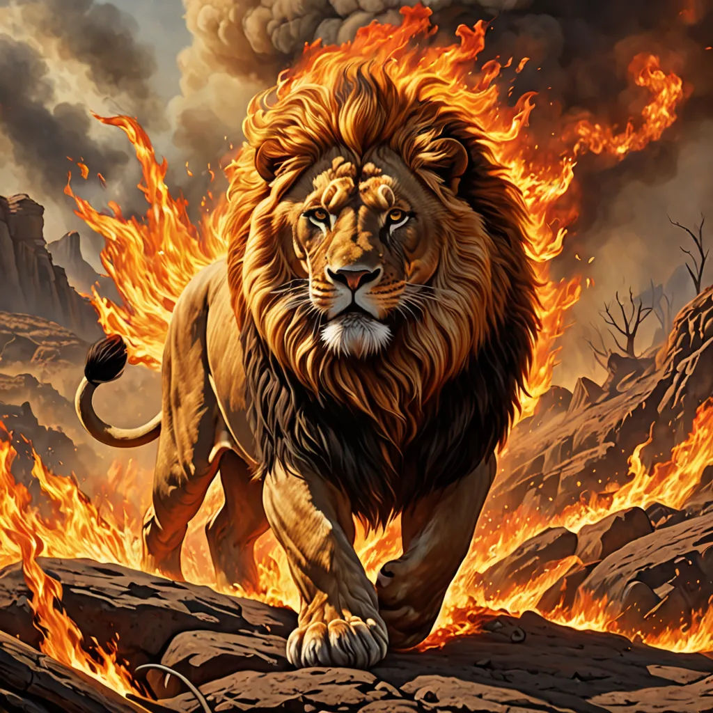 a lion running across a rocky area with a fire in the background and a sky filled with clouds and smoke, fantasy art, a digital rendering, Anne Stokes, fire