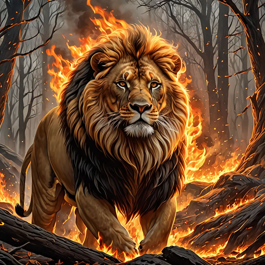 a lion is walking through a forest on fire and rocks, with trees in the background and a fire blazing behind it, fantasy art, a digital painting, Anne Stokes, highly detailed digital painting