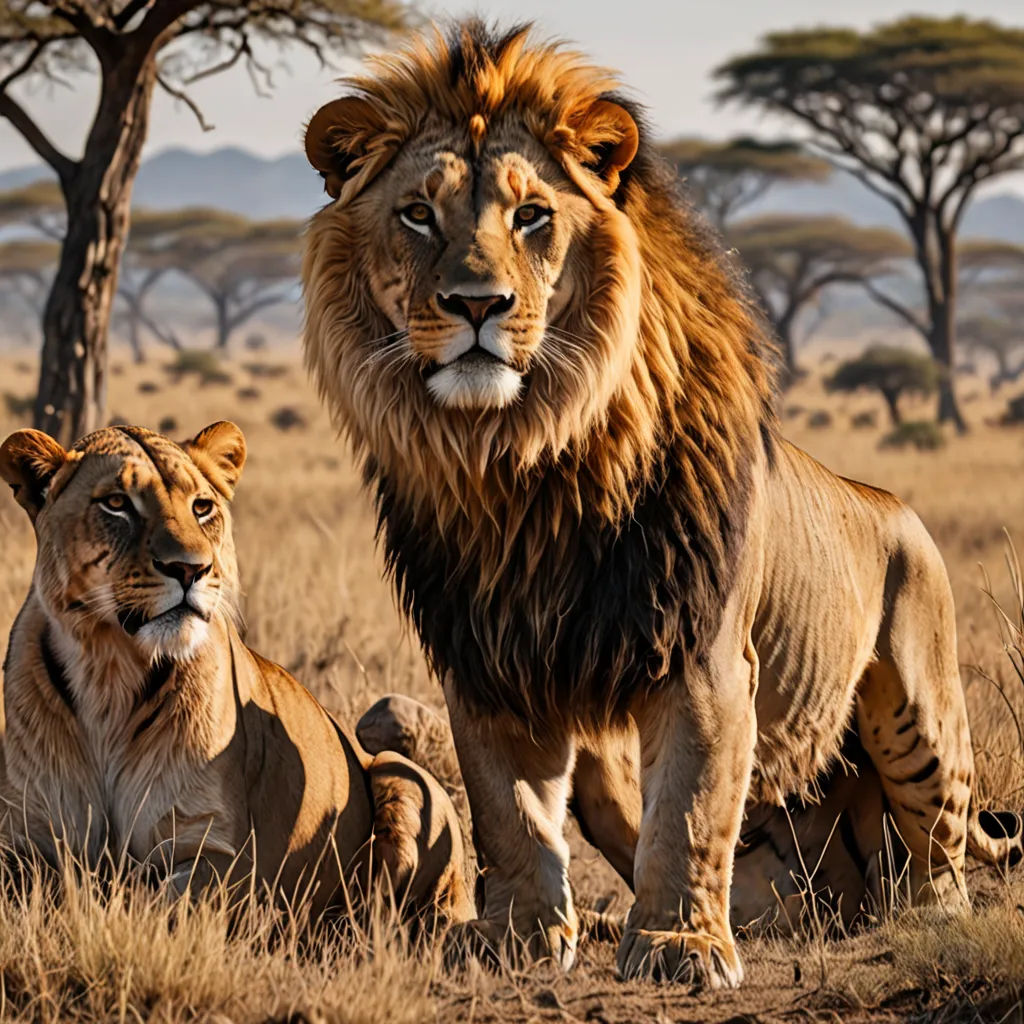 a couple of lions standing next to each other on a field of grass and trees in the background,, naturalism, a colorized photo, Art Brenner, wildlife photography